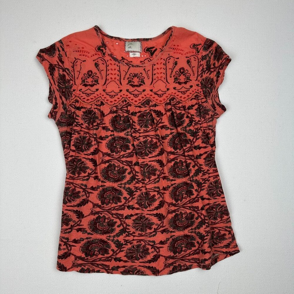 9 His s*cl Anthropologie Cap Sleeve Mix Media Shirt - Ilet neckline w/Embroidery